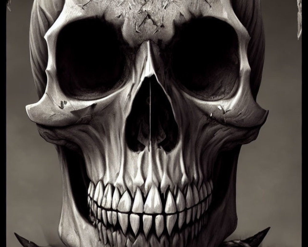 Grayscale human skull with pirate insignia, chains, and cobwebs