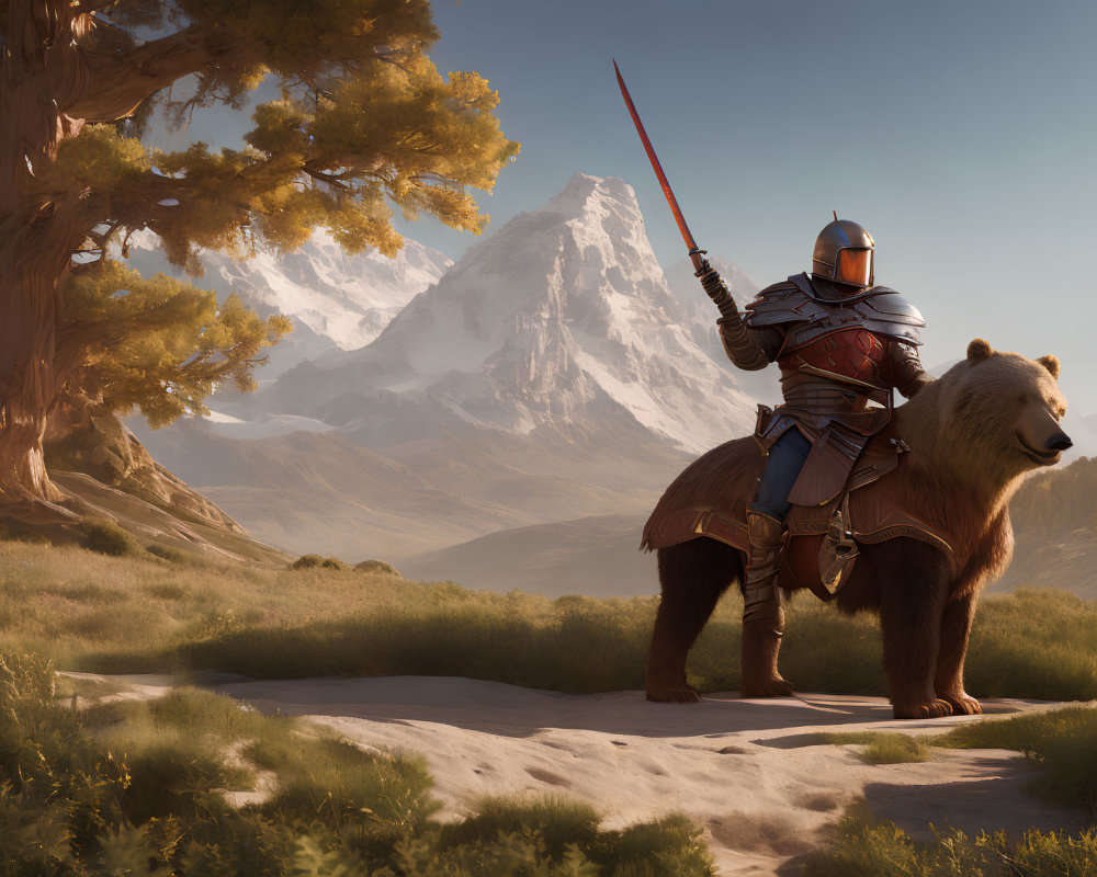 Knight in full armor riding bear in serene landscape