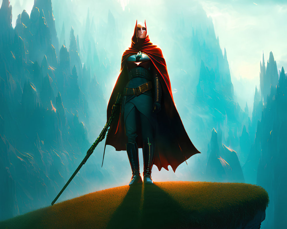 Superhero standing on cliff with dramatic sky, mountains, cape blowing, sword.