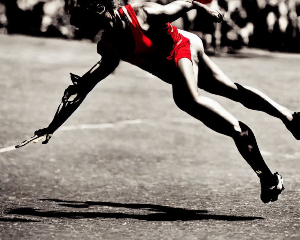 Athlete in Red Attire Lunging in Track Race with Selective Color Editing