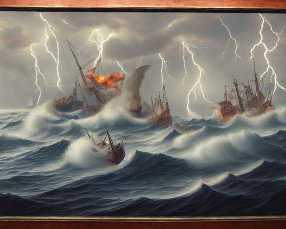 Ships in storm with lightning, fire, and towering waves