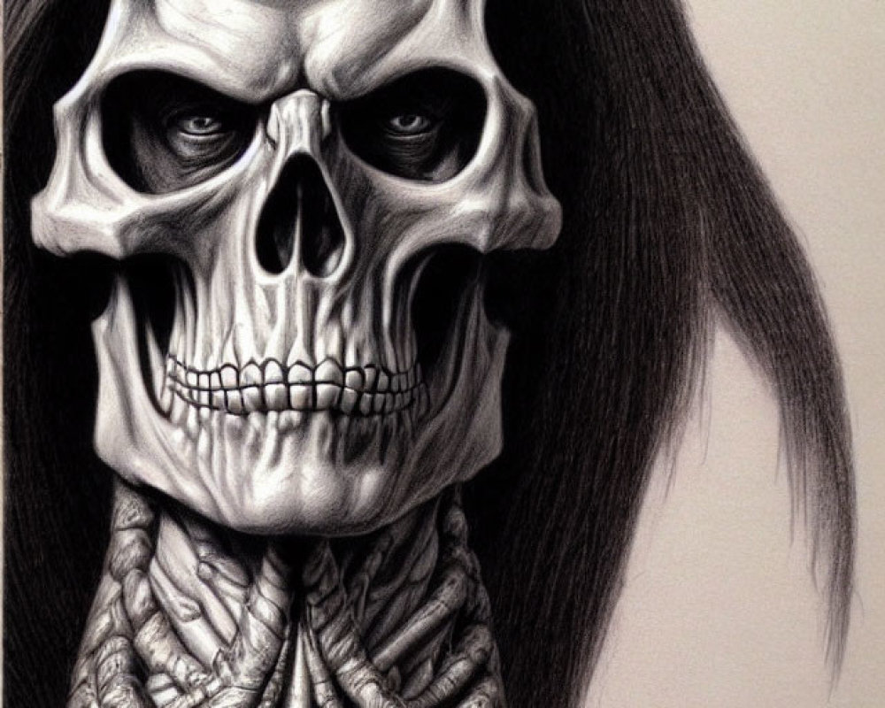 Detailed Pencil Drawing of Grim Reaper Figure with Skull Face, Cloaked Hood, and Skeletal Hands