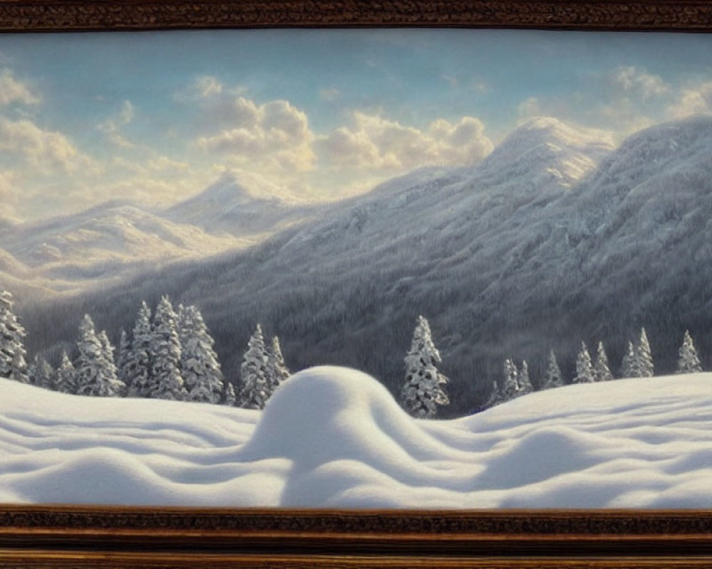 Snowy Landscape Painting with Evergreen Trees and Rolling Hills in Frame