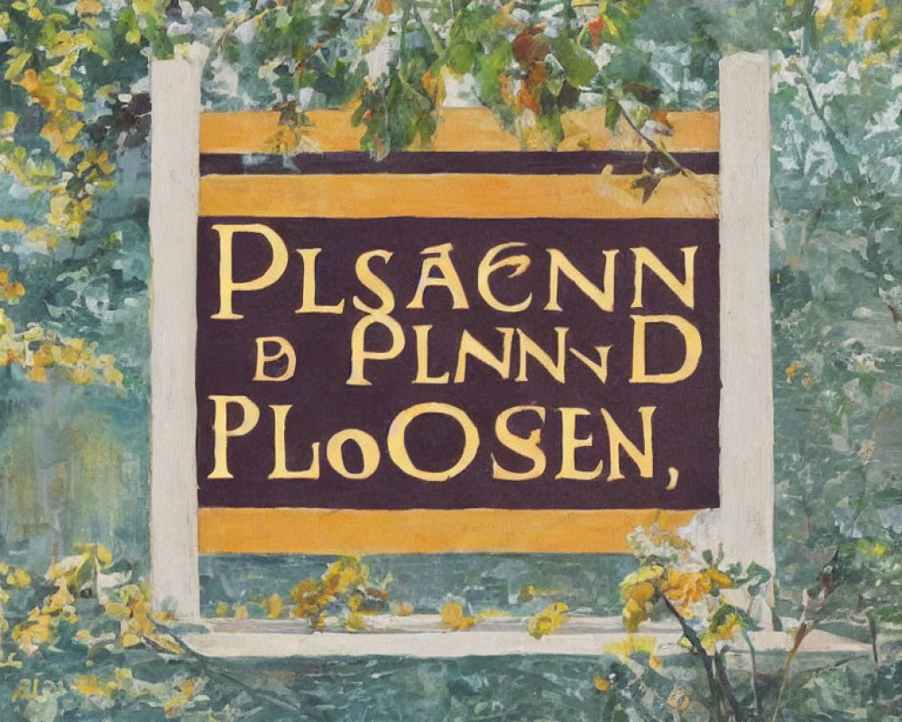 Sign with Indecipherable Text Surrounded by Green Leaves and Yellow Flowers