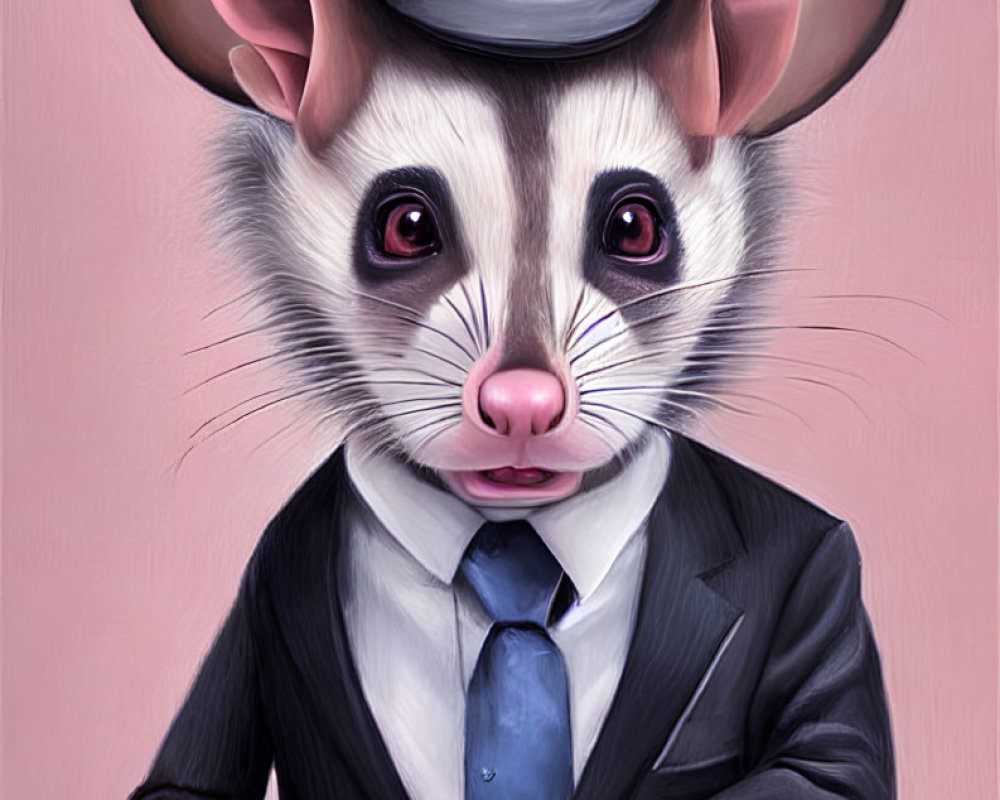 Anthropomorphic possum in suit and top hat.