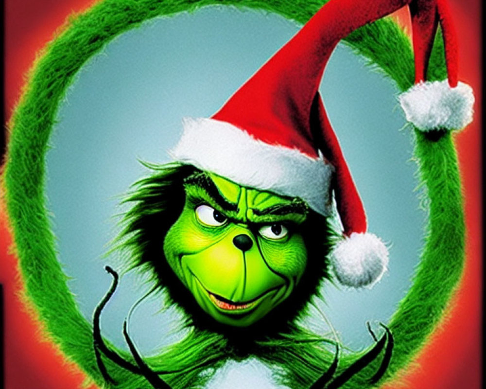 Stylized Grinch with Santa hat in green wreath on red background