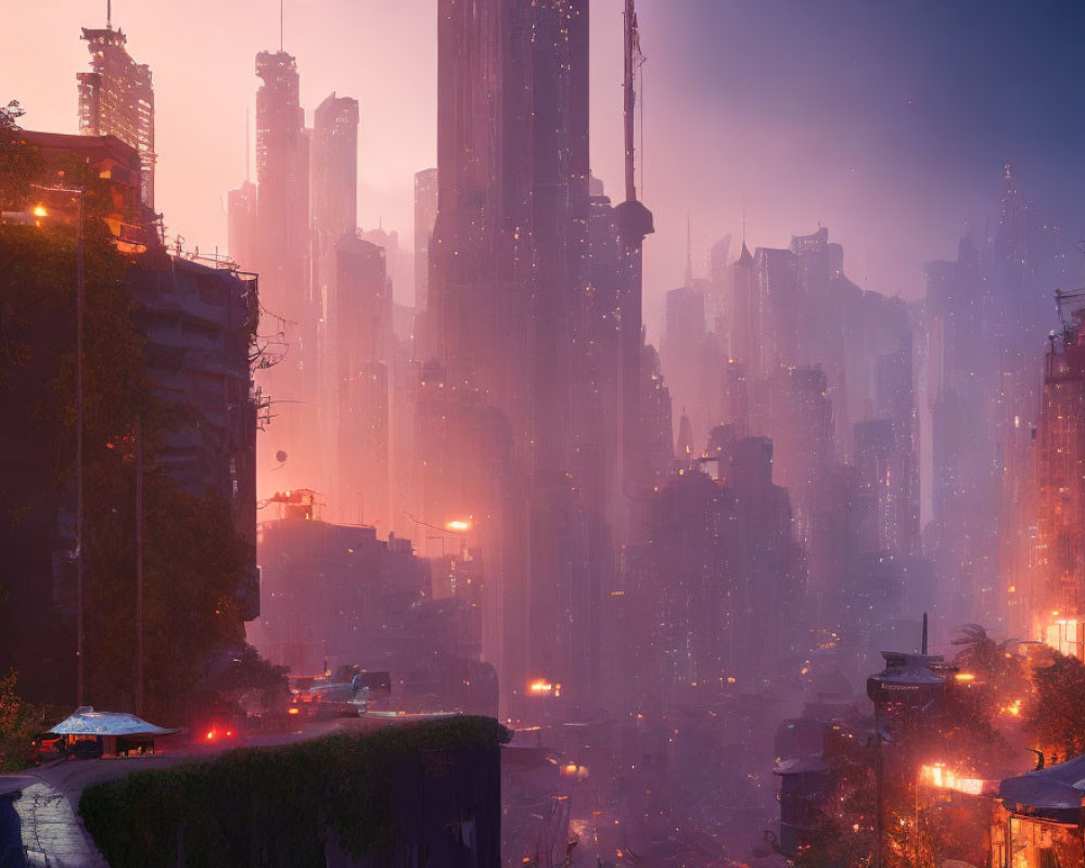 Futuristic cityscape at dusk with mist-covered skyscrapers