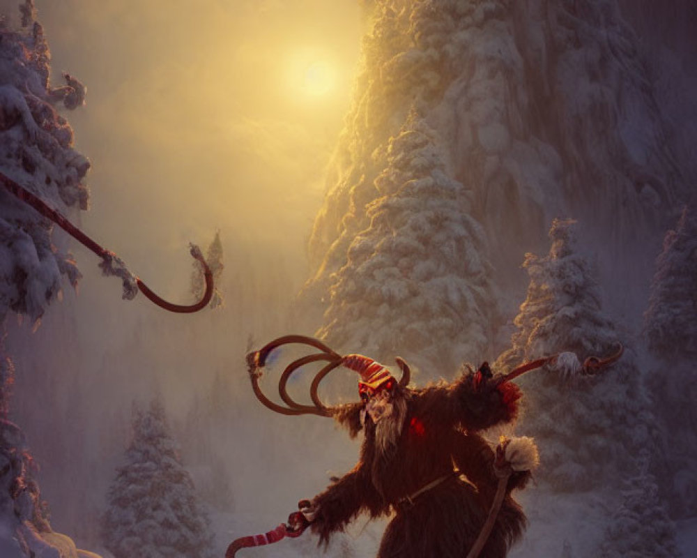 Mystical creature with long horns in snowy forest at sunset