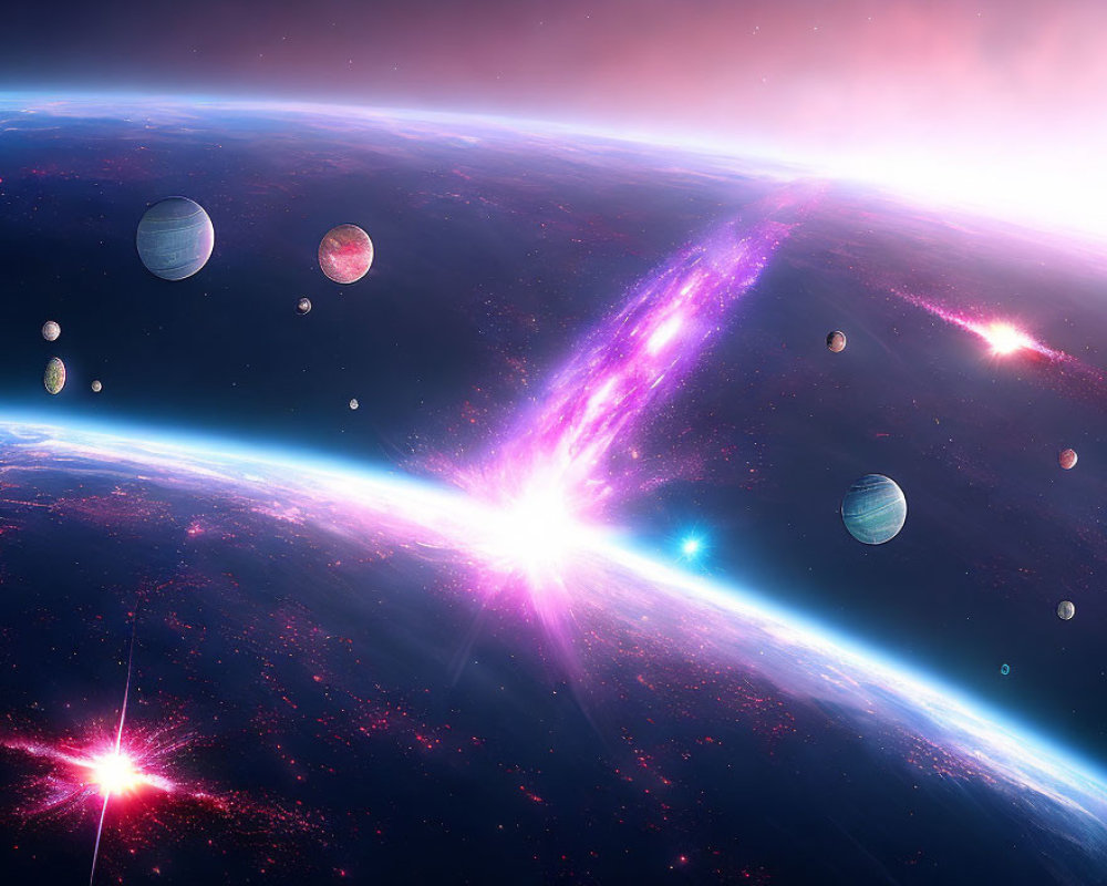 Colorful cosmic scene with planets, starbursts, nebula, and space.