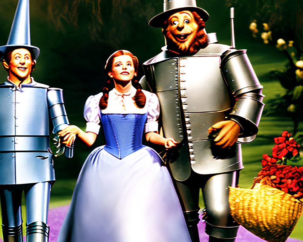 Fantastical illustration of Dorothy with Tin Man and Scarecrow on yellow brick road