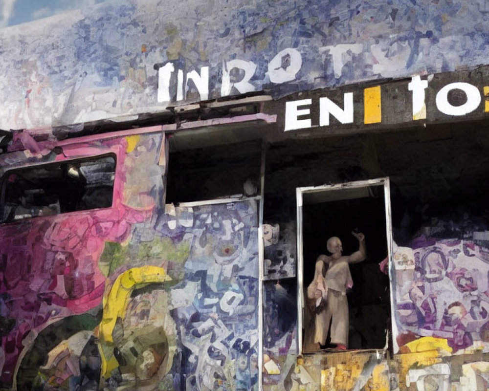 Abandoned bus covered in graffiti with figure in doorway under cloudy sky