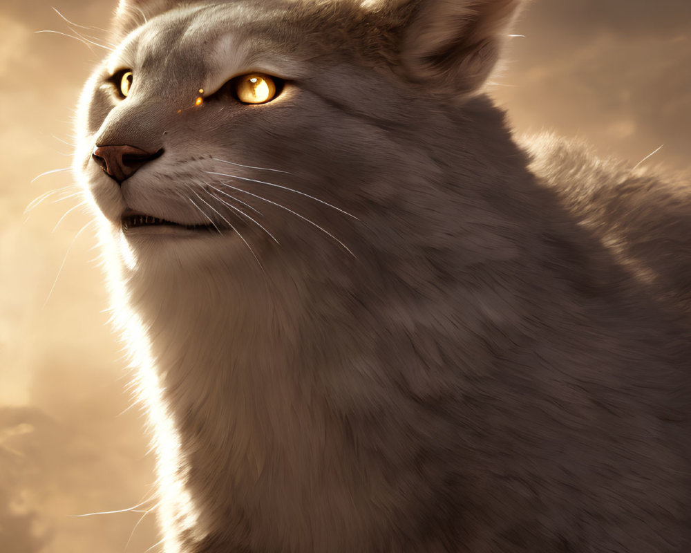 Realistic digital artwork of majestic cat with piercing amber eyes and warm backlight.