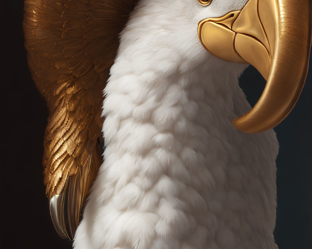 Fantastical eagle-like creature with golden beak on dark background