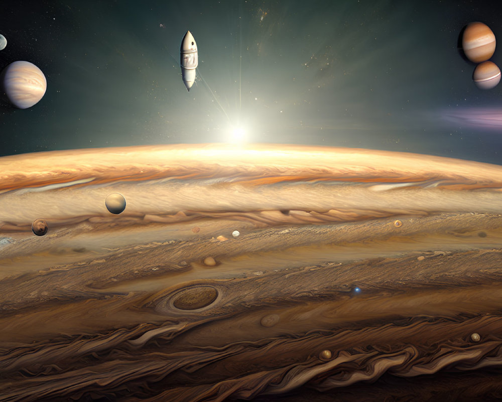 Spacecraft above Jupiter with sun, moons, and starry sky