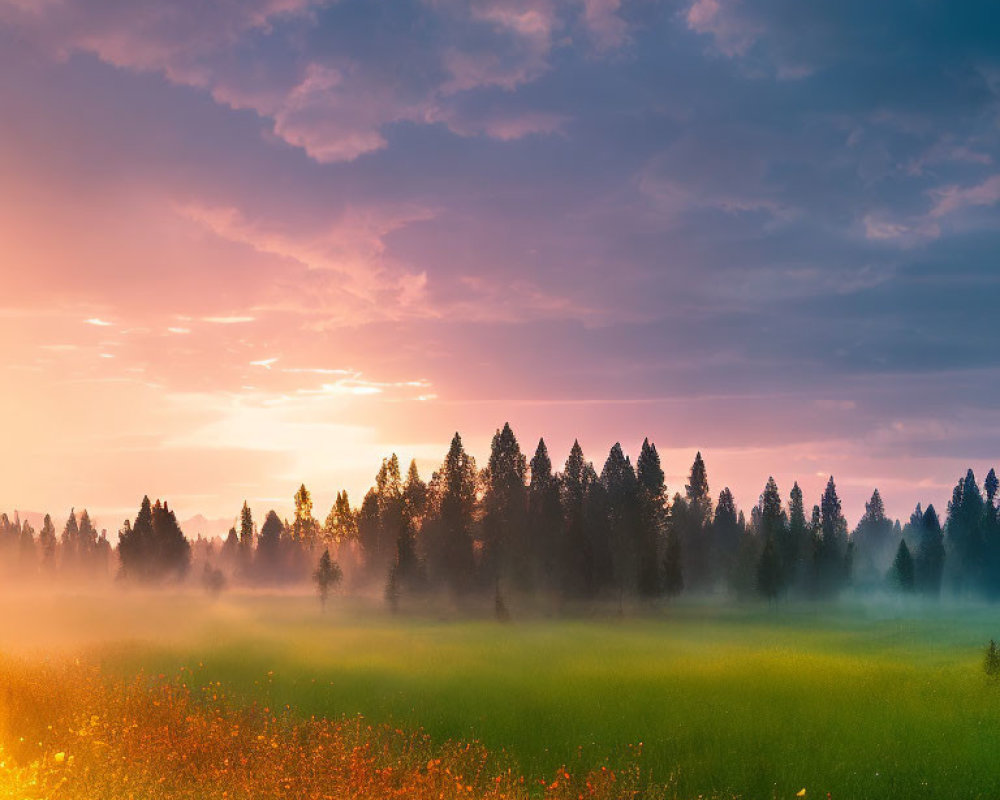 Misty meadow sunrise with wildflowers and pine tree silhouette