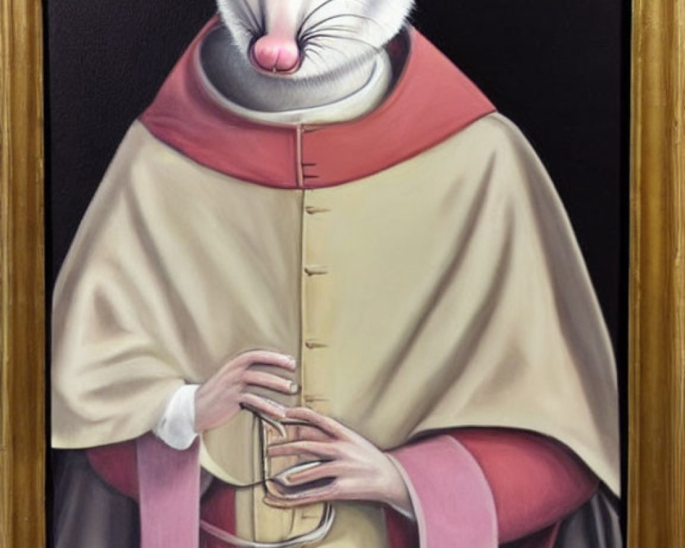 Religious-themed anthropomorphic mouse in gilded frame