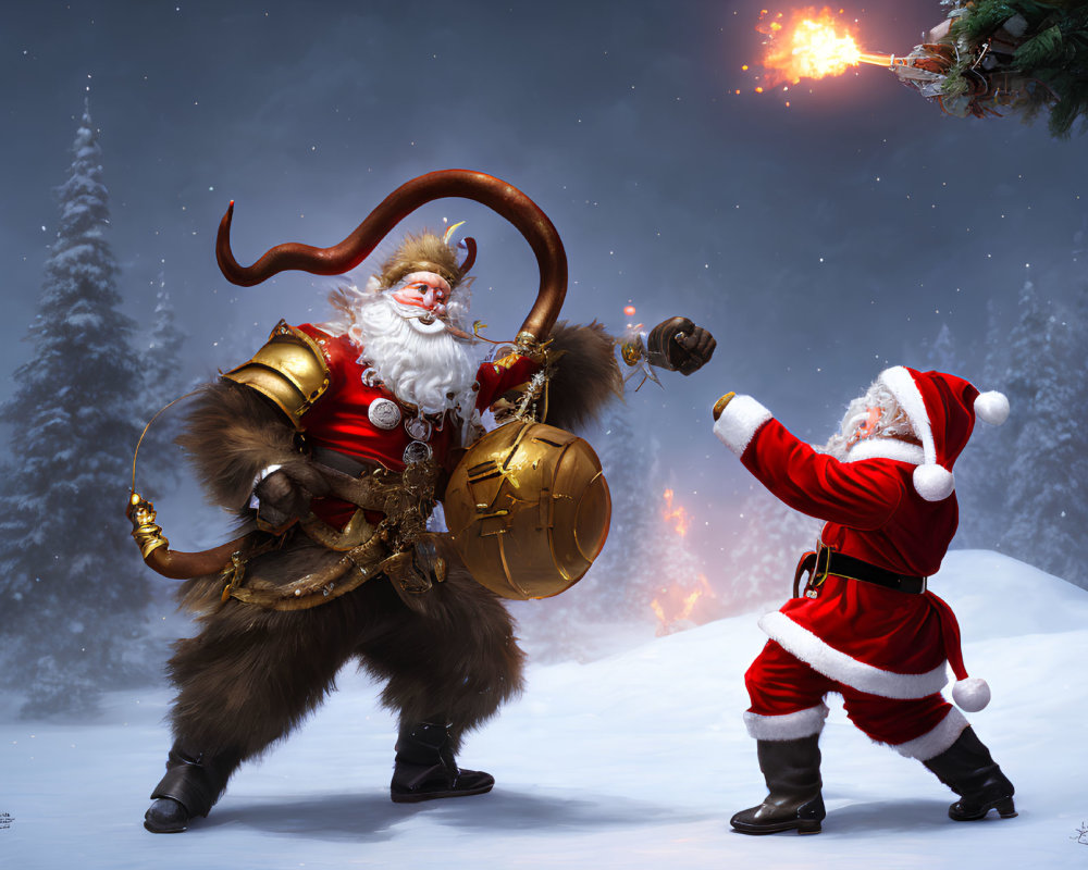 Two Santa Claus Figures in Snowy Setting: Traditional Red vs. Muscular with Horned Helmet &