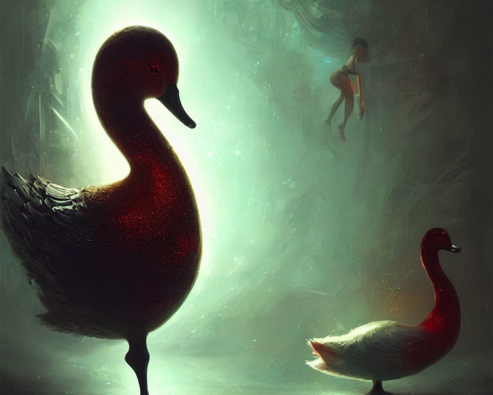 Fantastical scene featuring giant duck, soft glow, and ethereal human silhouette