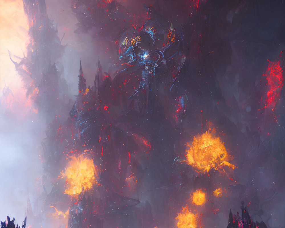 Fiery landscape with lava, spires, and mysterious figure in blue light