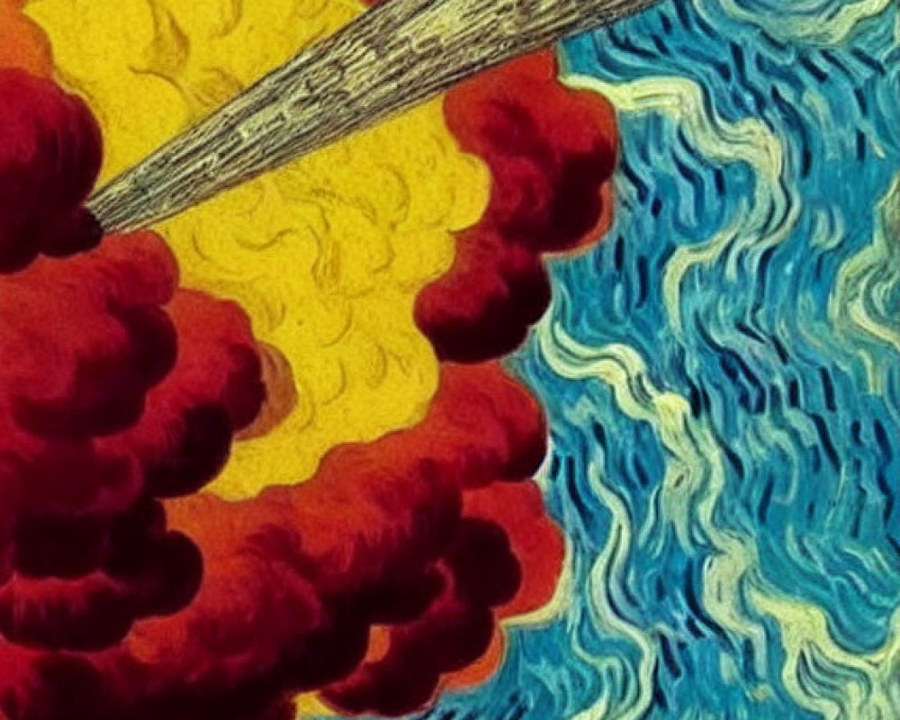 Illustration of massive explosion with red and yellow clouds in blue sky above brown landscape