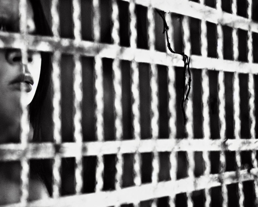 Monochrome image of metal grate with blurred background and partial woman's face.