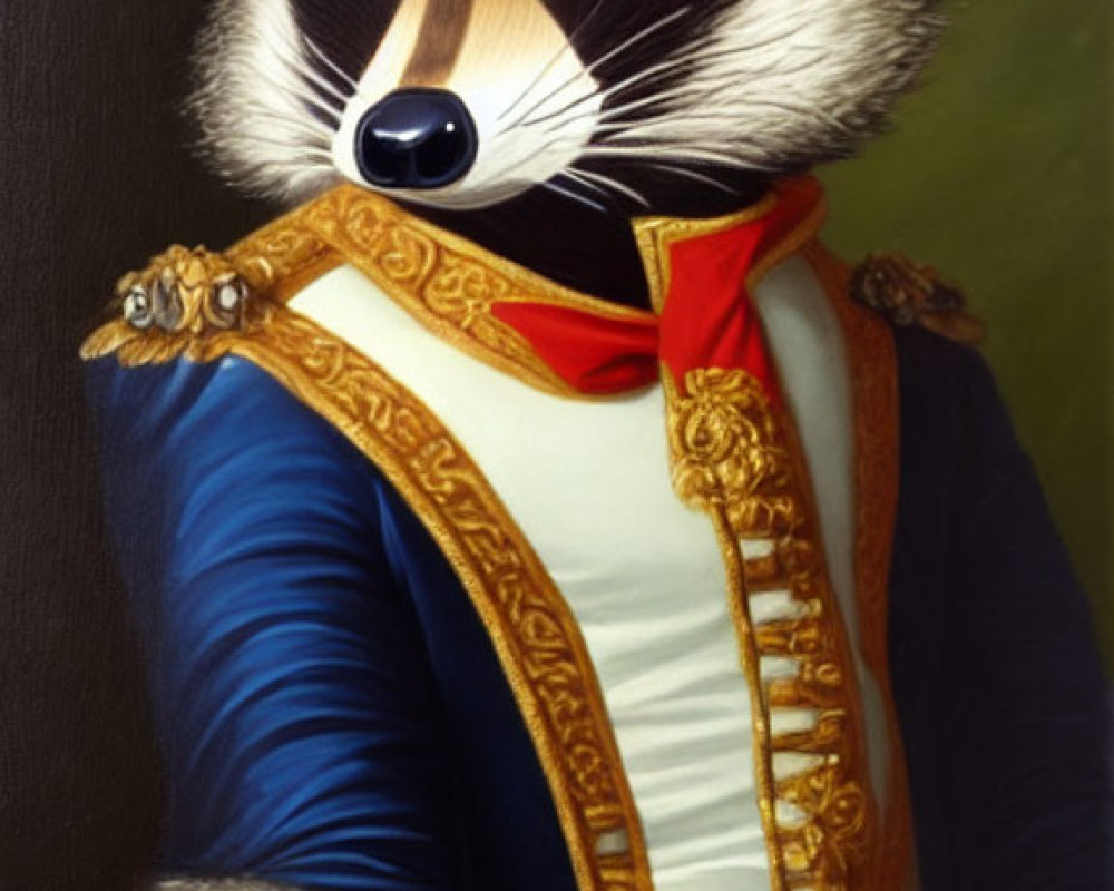 Regal raccoon in military-style attire with gold trim and red cravat