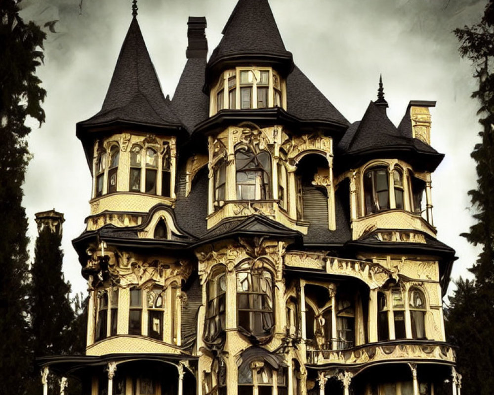 Ornate Victorian Mansion with Turrets Under Dark Sky