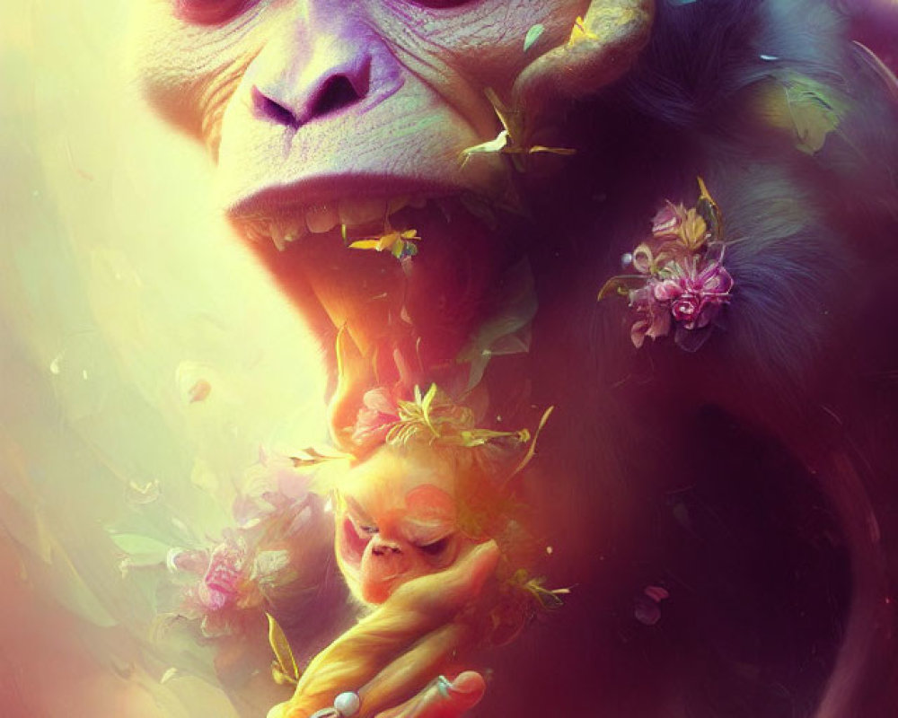 Colorful Monkey Artwork with Fantastical Elements and Floral Surroundings