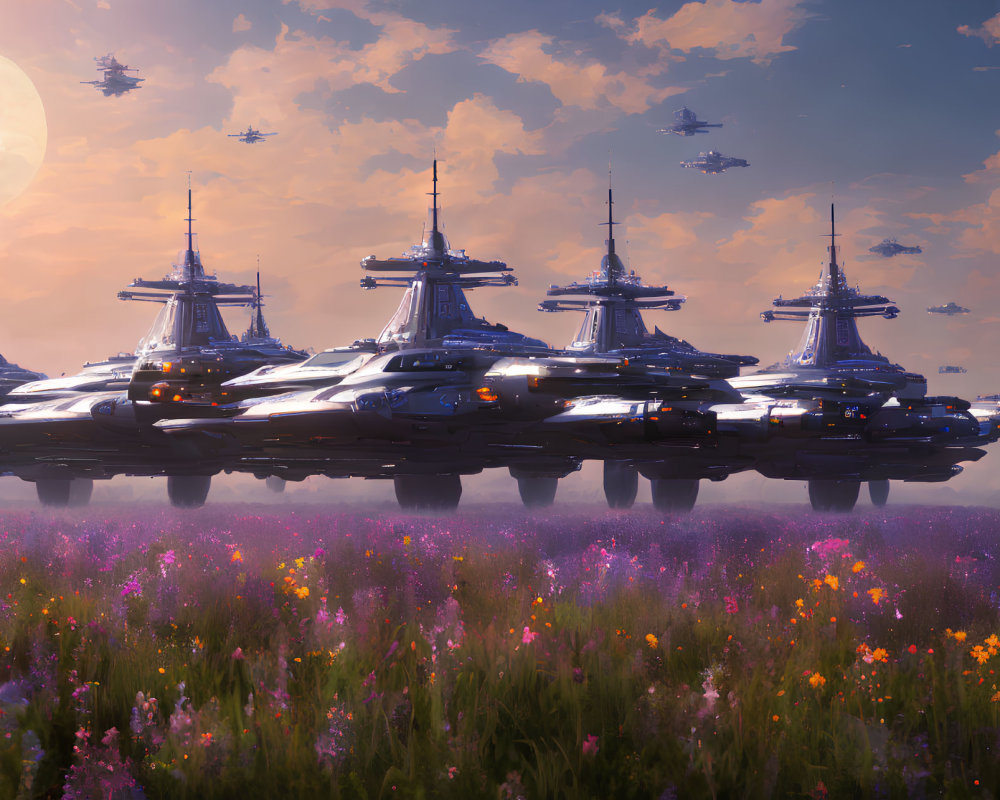 Futuristic spaceships above flower-covered meadow at dusk