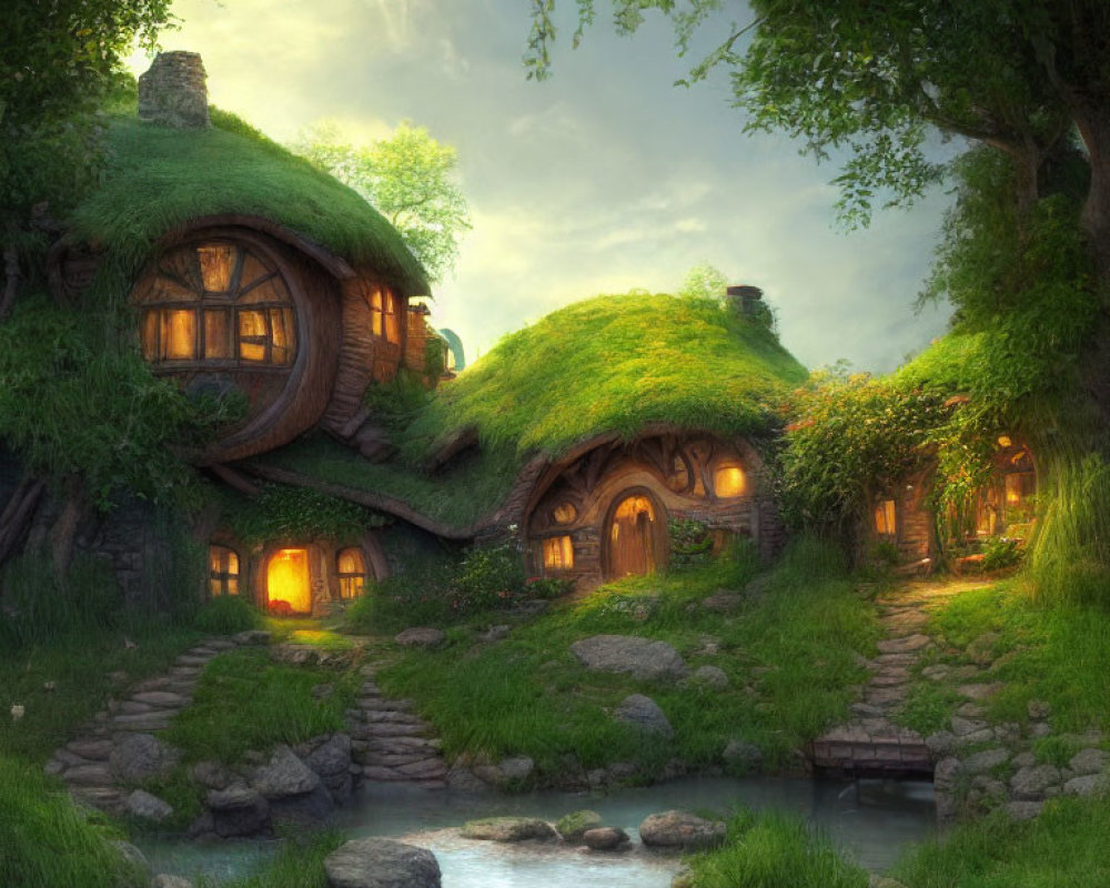 Cozy round-door hobbit houses in lush green setting