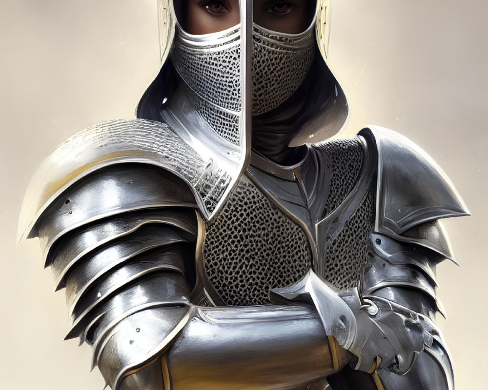 Detailed portrait of person in medieval armor with visor helmet, chainmail, and plate armor, against