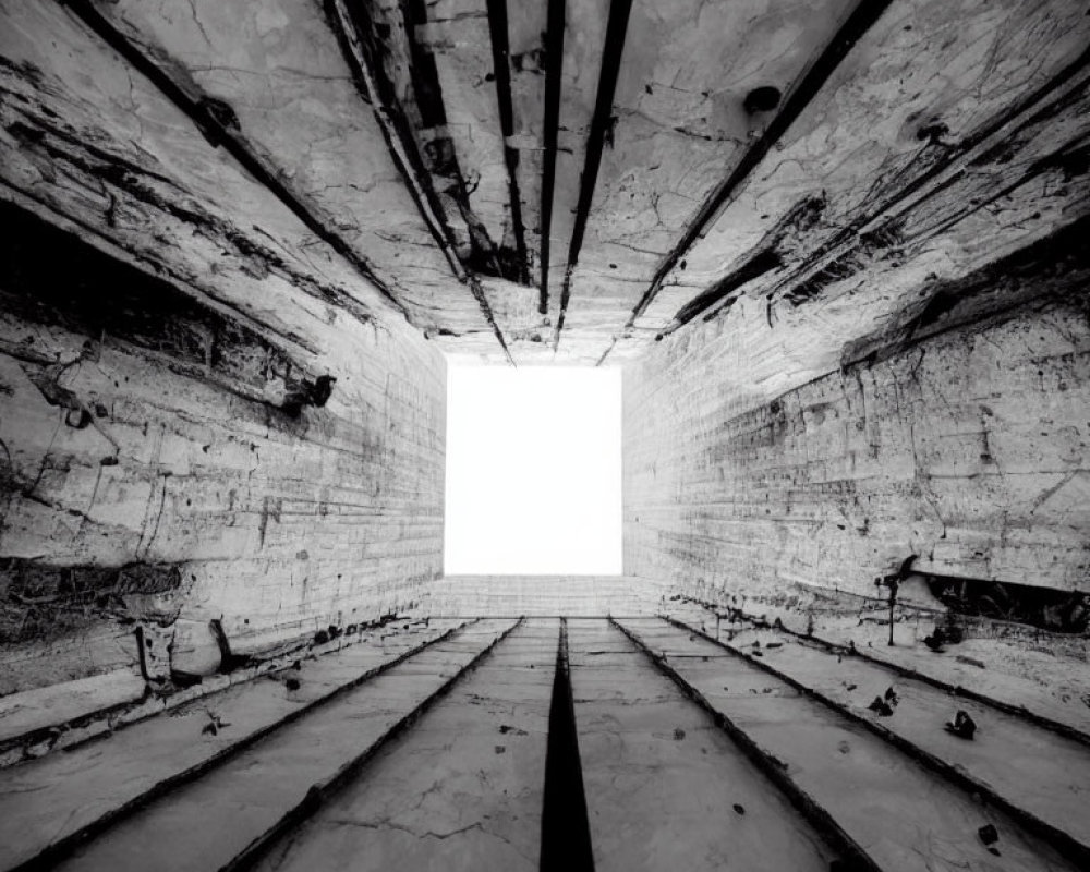 Monochrome photo of empty vertical industrial shaft with square opening