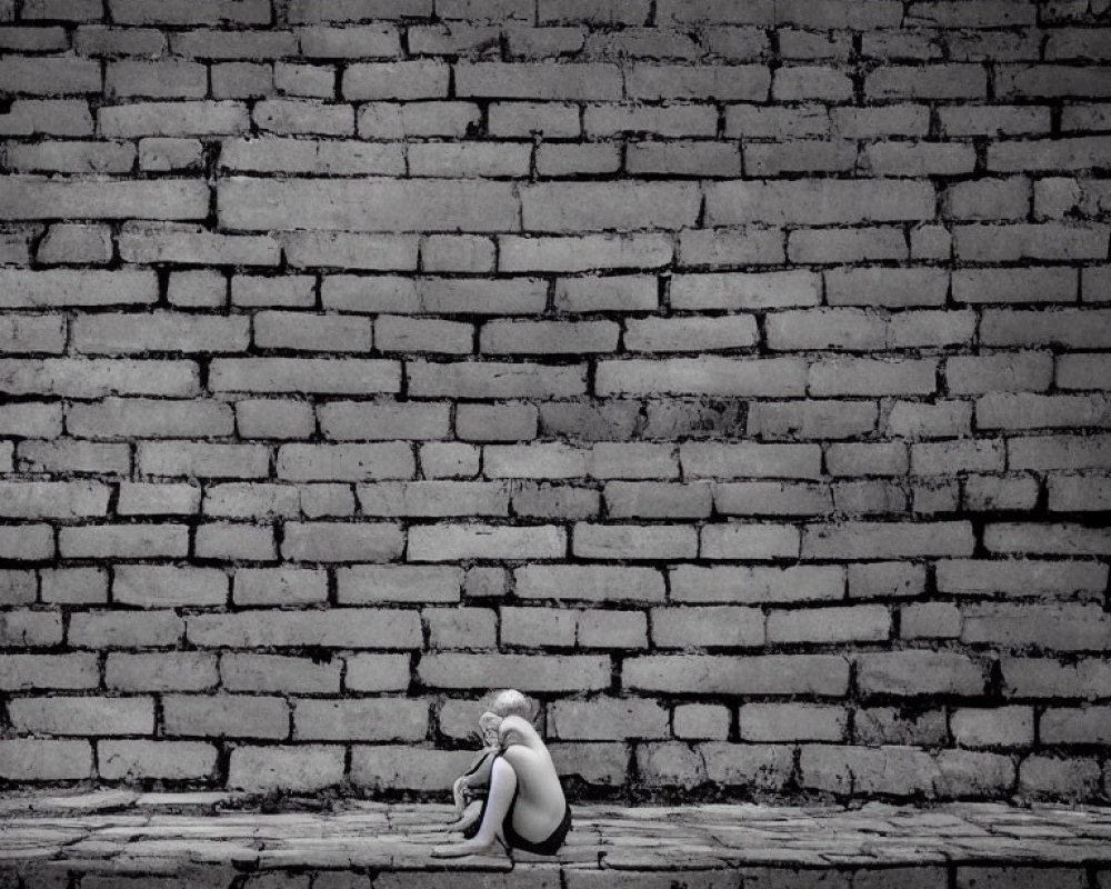 Lonely child sitting against textured brick wall