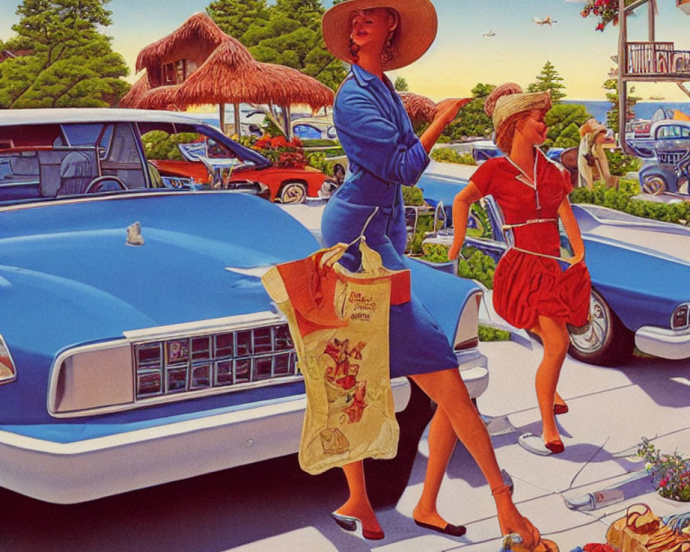 Two Women in Retro Attire by Classic Blue Car at Sunny Coastal Setting