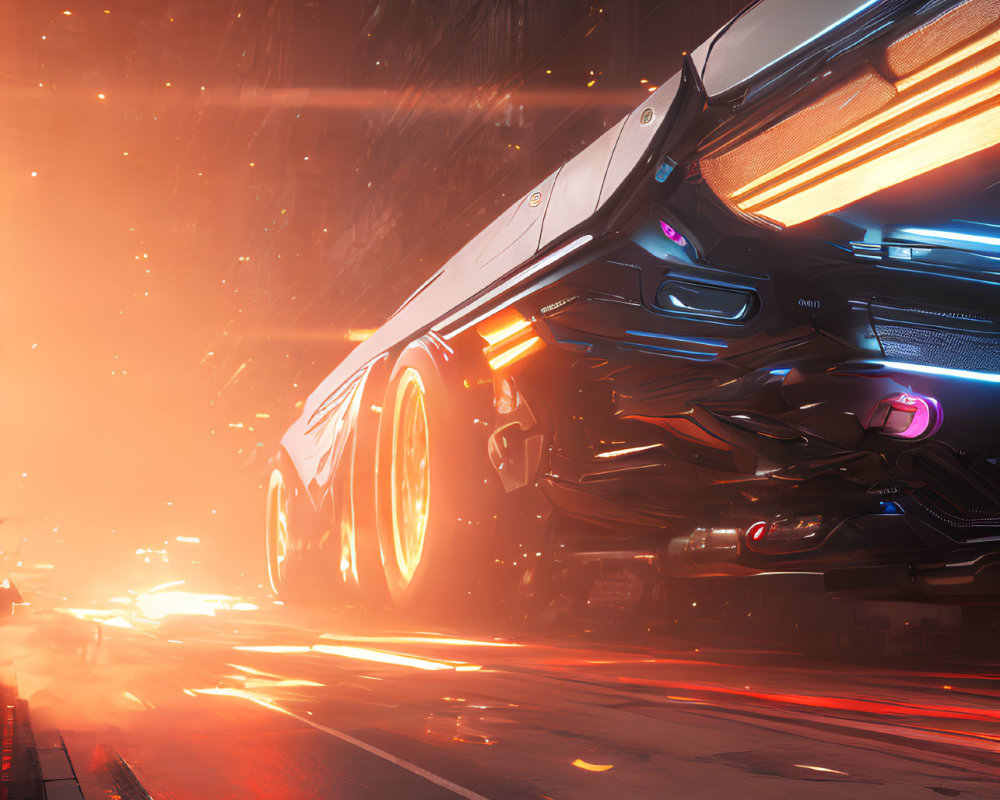 Sleek black car with sparks in neon-lit cityscape