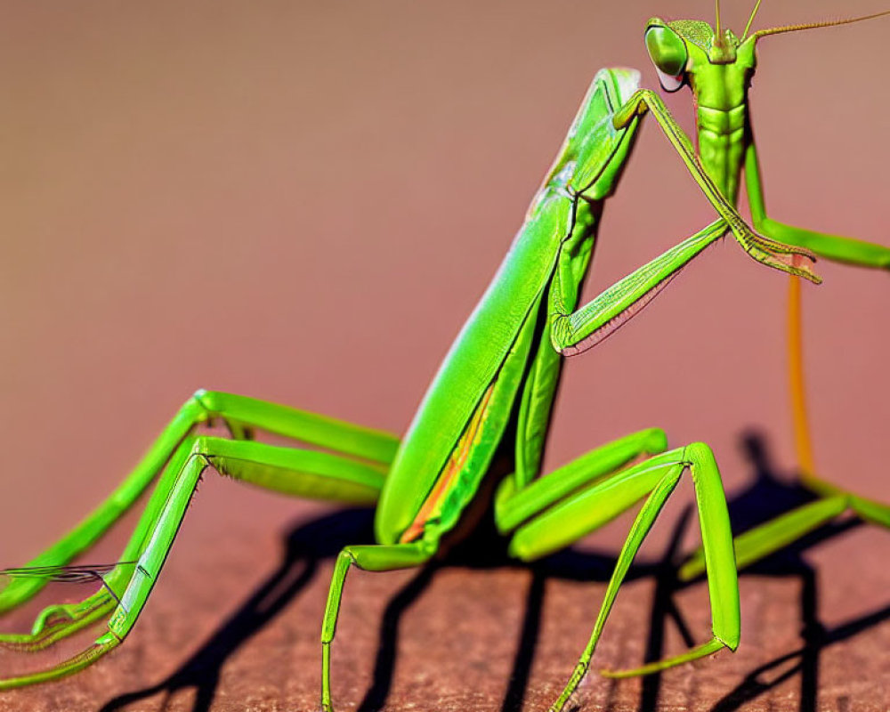 Green praying mantis perched on wooden surface gazes around