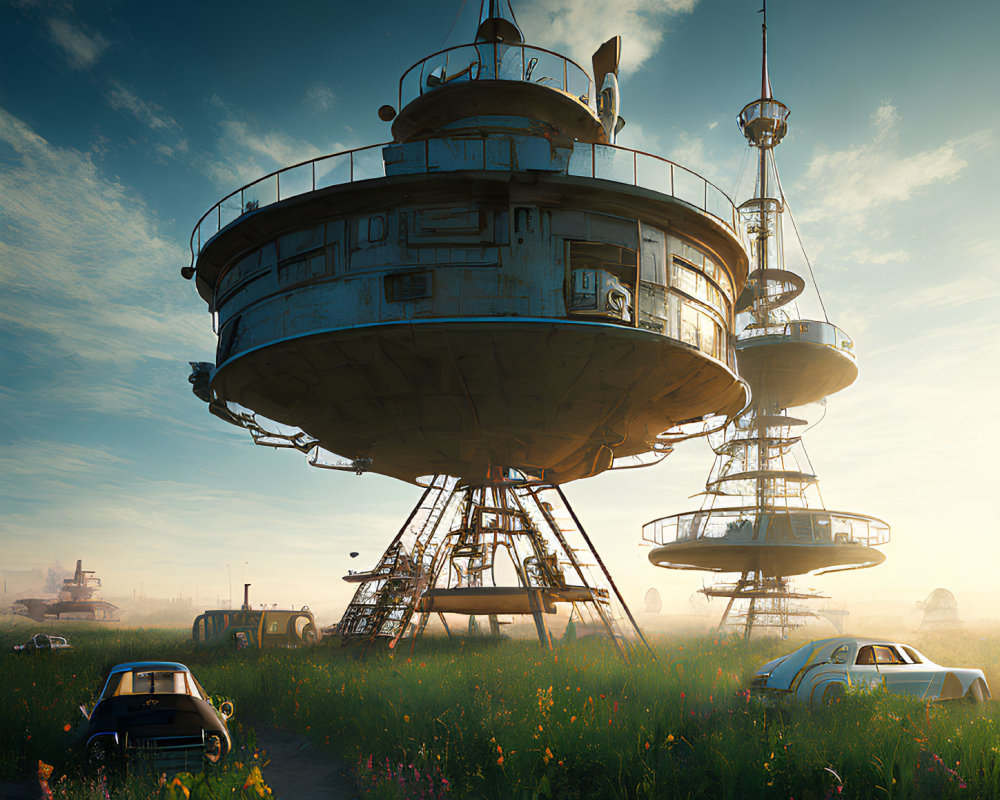 Circular Platform Towers Over Flowers with Retro Cars Below