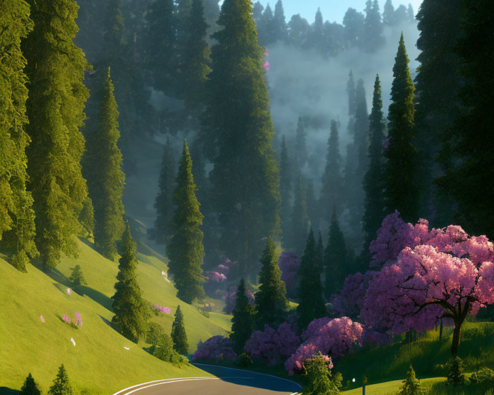 Scenic forest road with cherry blossoms and evergreens