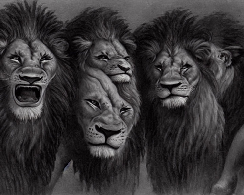 Grayscale image depicting lions transitioning to a human evolution bond.