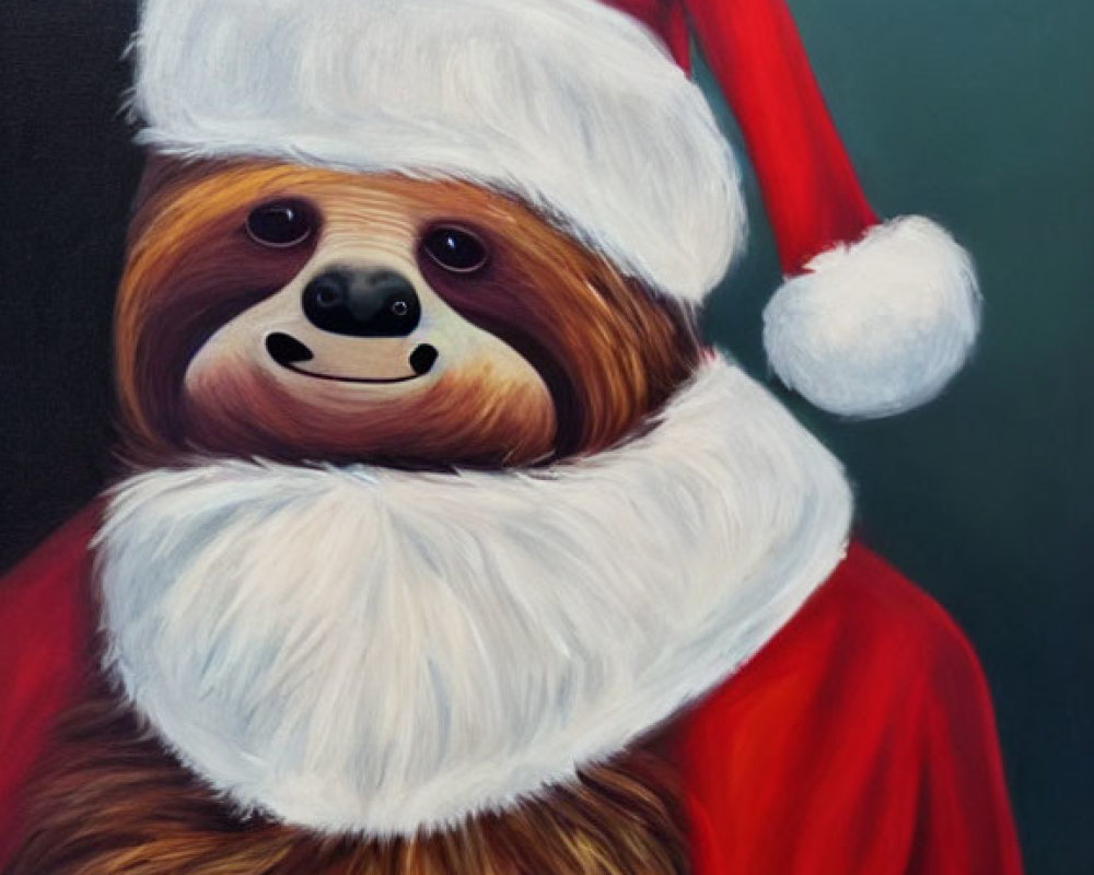 Smiling sloth in Santa Claus outfit on dark background