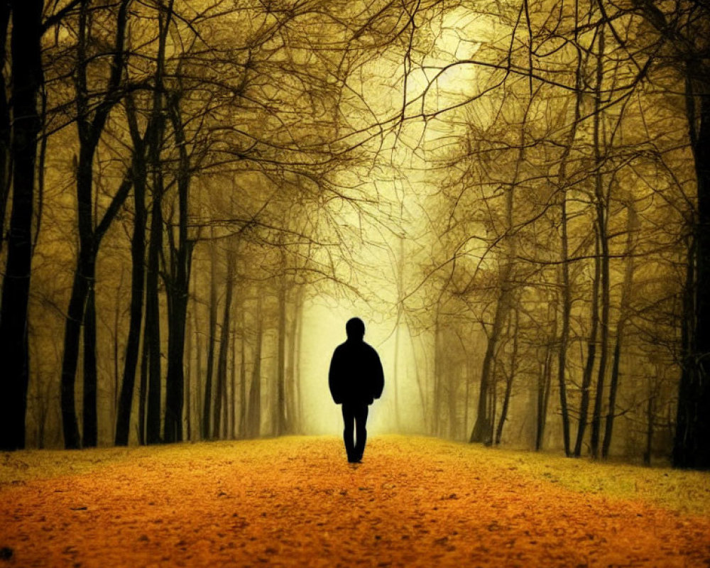 Solitary figure walking on misty, tree-lined path with orange leaves