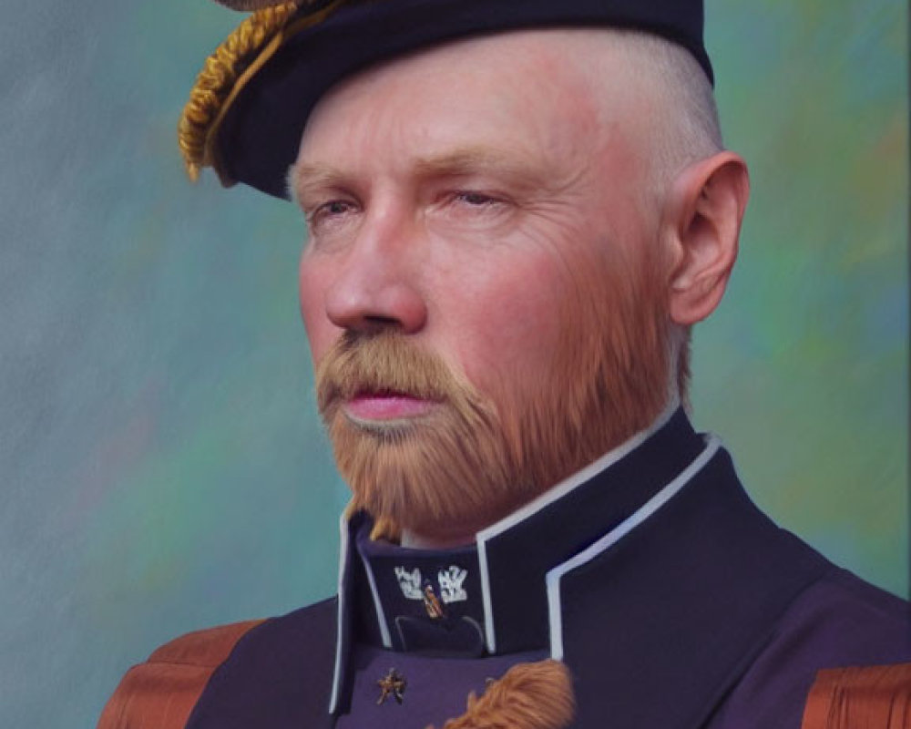 Person with Bear Head Hat in Decorated Military Uniform and Beard