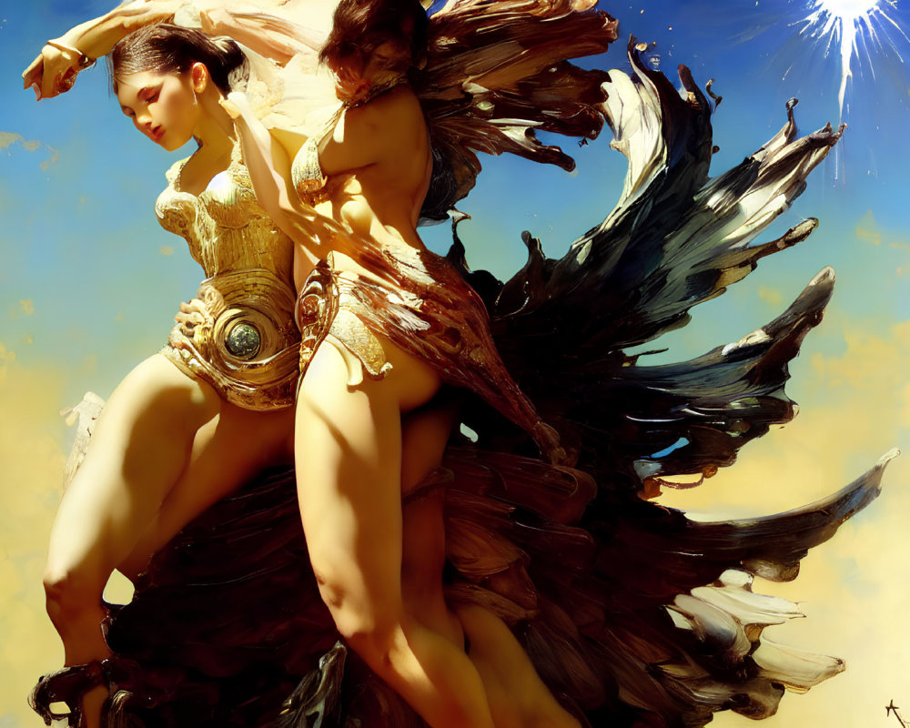 Ethereal beings with large wings in golden armor against sunny sky