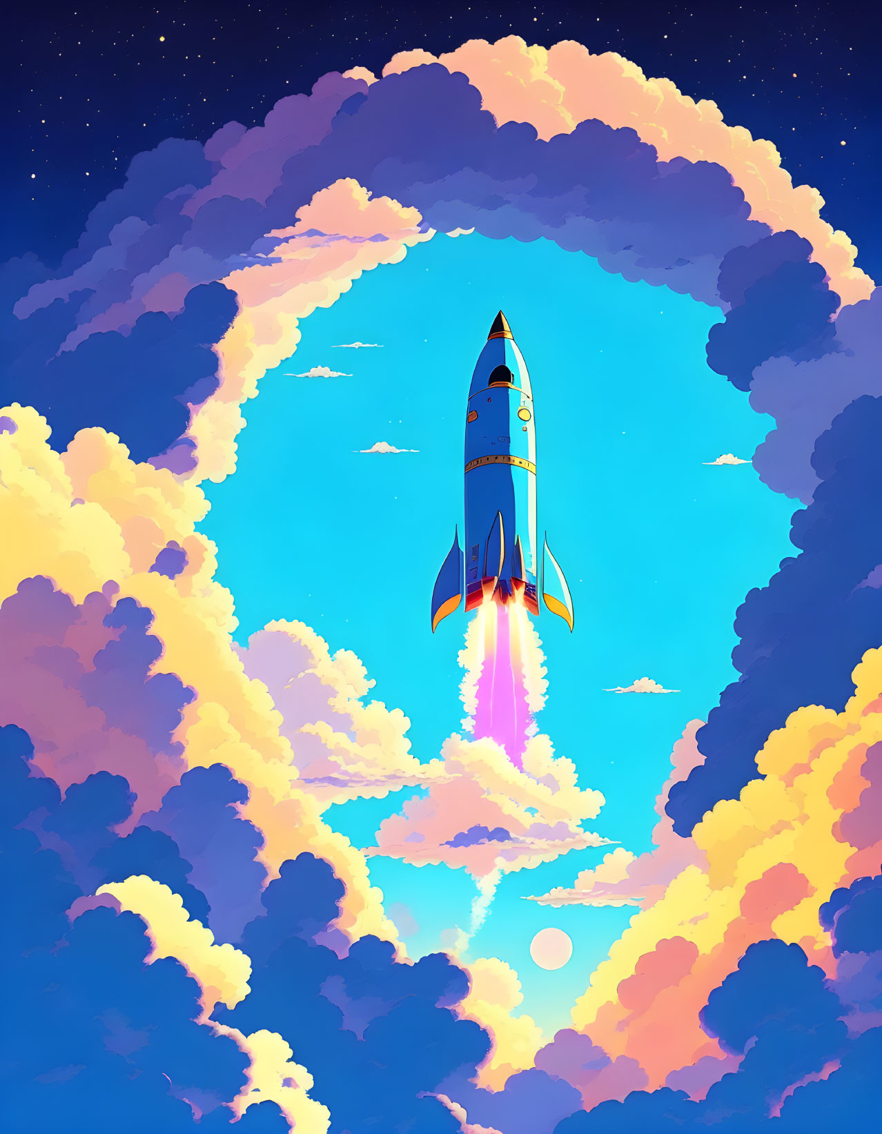 Colorful rocket soaring through circular clouds in twilight sky