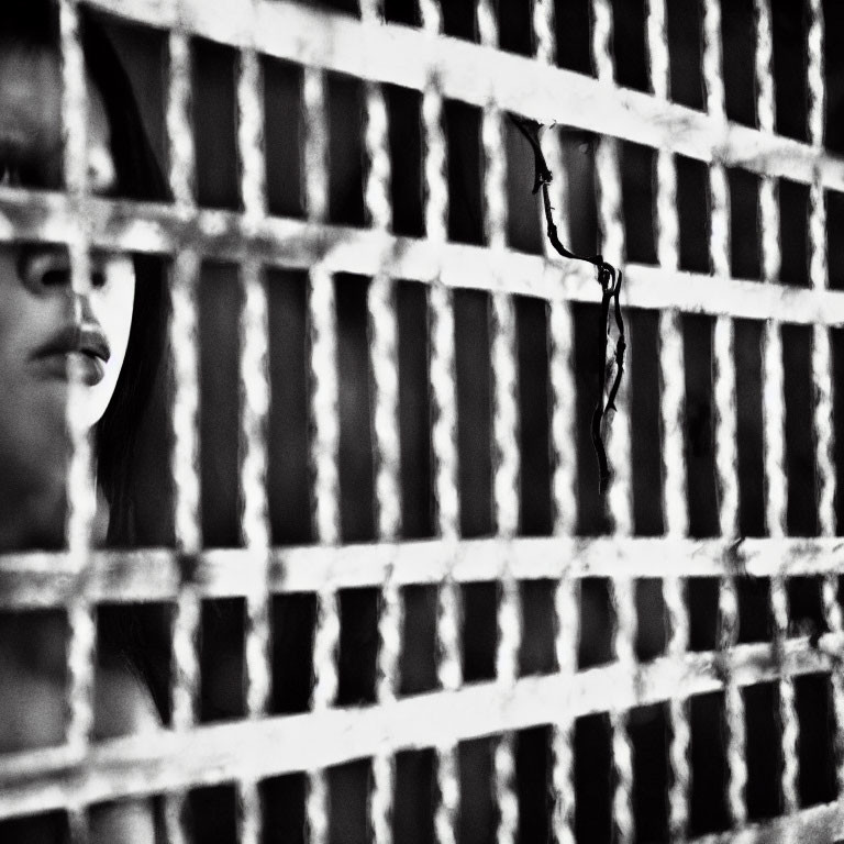 Monochrome image of metal grate with blurred background and partial woman's face.