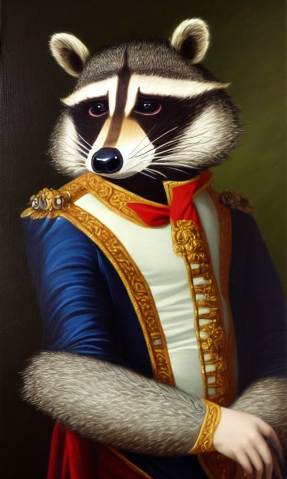 Regal raccoon in military-style attire with gold trim and red cravat