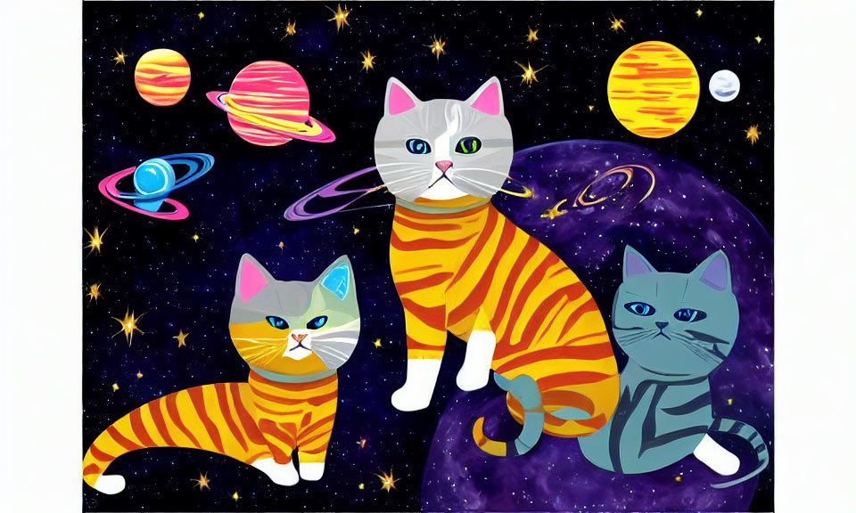 Three Striped Cartoon Cats in Various Poses on Whimsical Space Background