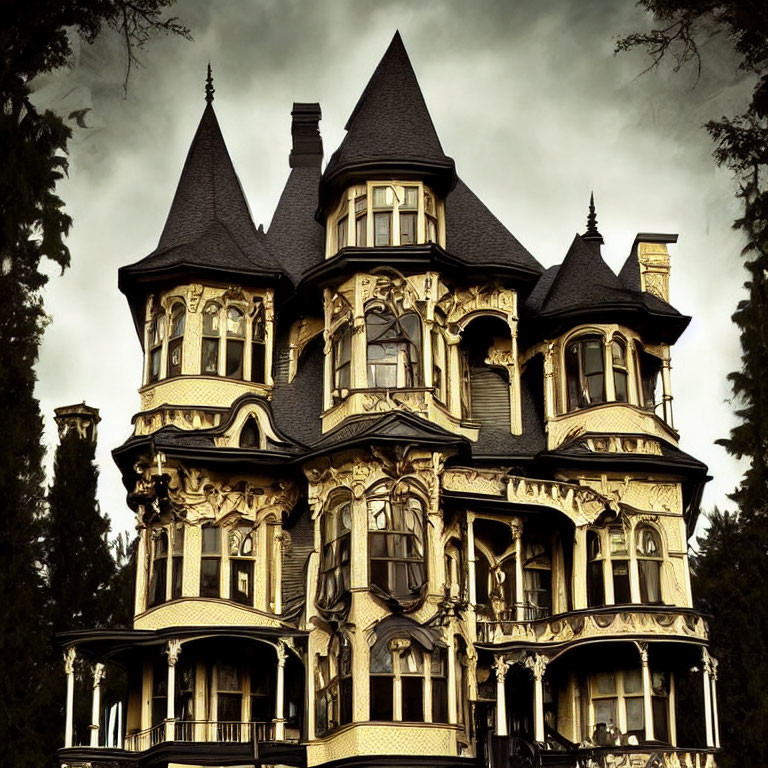 Ornate Victorian Mansion with Turrets Under Dark Sky