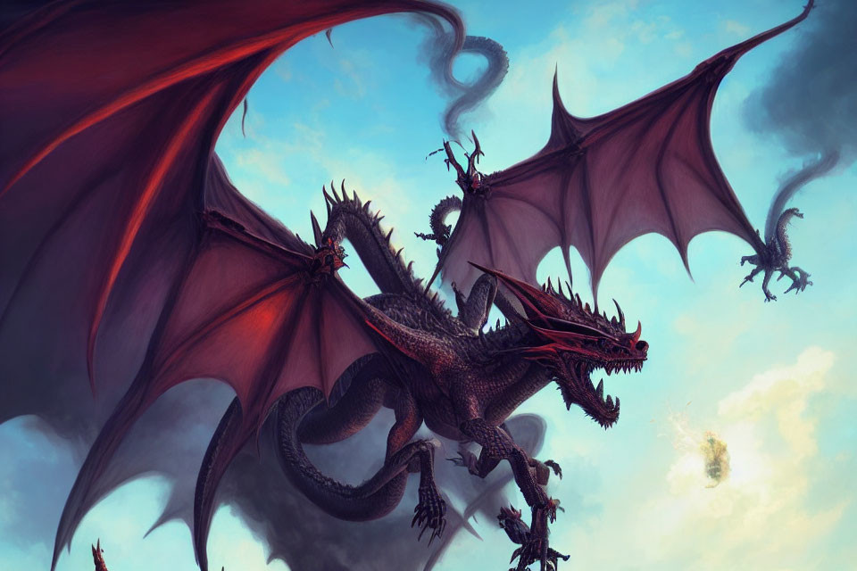 Black dragon spreading wings in fantasy scene with flying dragons