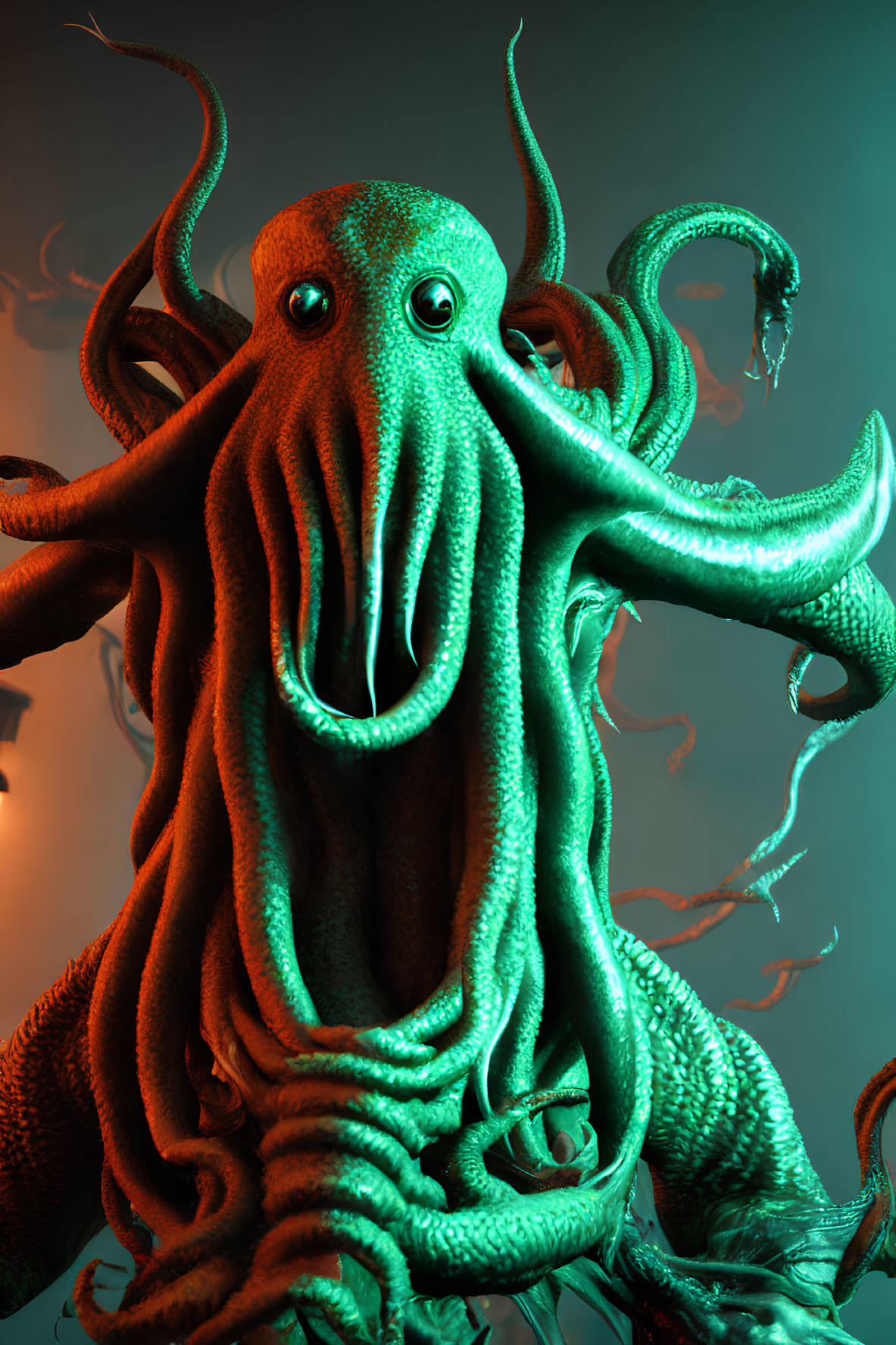 Detailed 3D-rendered green octopus on teal background